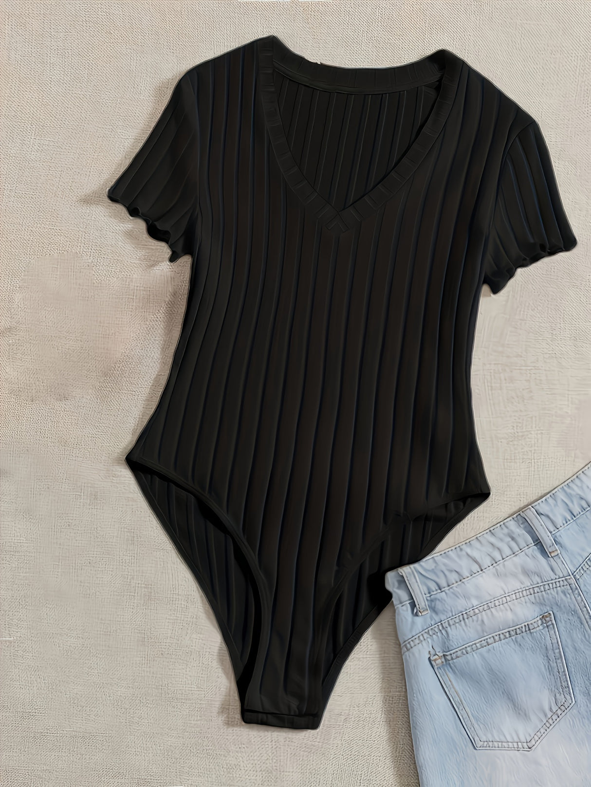 Ribbed V Neck Bodysuit