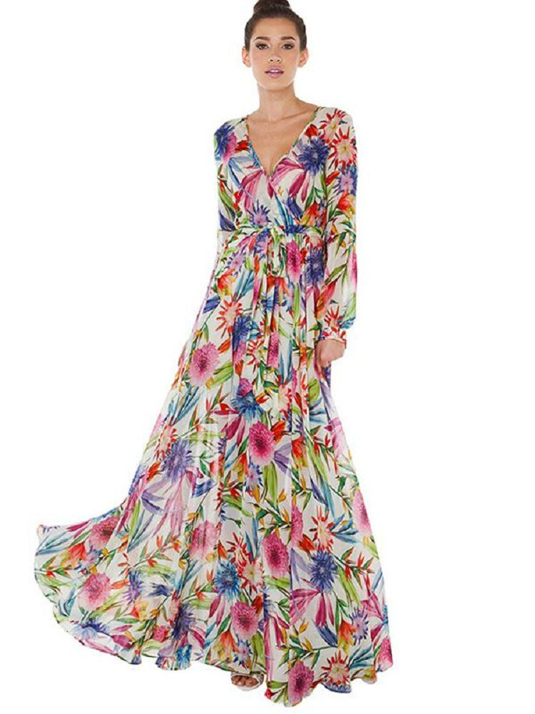 V-Neck Green Leaf Print Maxi Skirt - Nature's Elegance