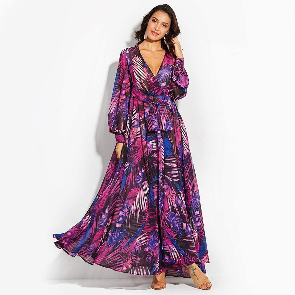 V-Neck Green Leaf Print Maxi Skirt - Nature's Elegance