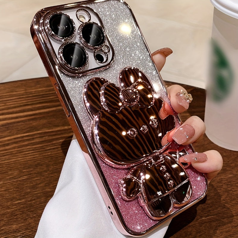Deluxe Electroplated Phone Case, Invisible Makeup Mirror, Cute Rabbit Phone Holder And Hidden Bracket Shockproof Ultra-thin Protection Suitable For IPhone 11/12/13/14/15 Pro Max