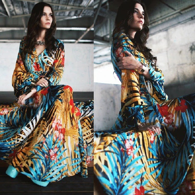 V-Neck Green Leaf Print Maxi Skirt - Nature's Elegance
