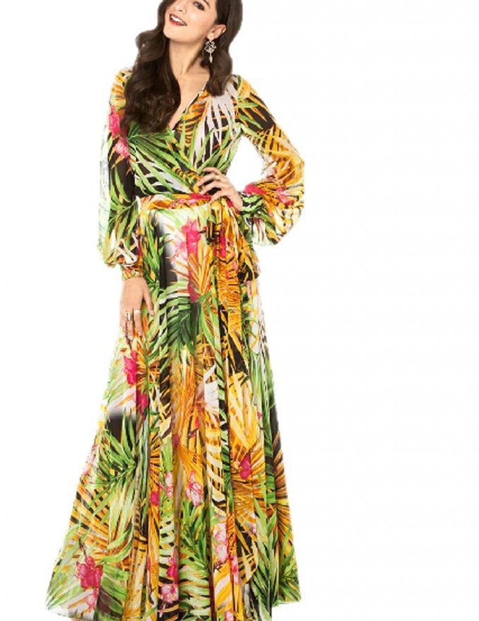 V-Neck Green Leaf Print Maxi Skirt - Nature's Elegance