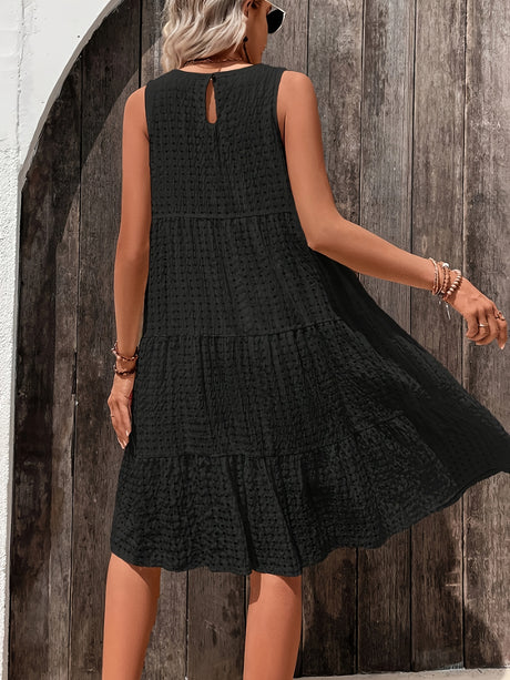 Elegant Sleeveless Ruffle Hem Dress - Solid Textured Crew Neck, Loose Fit