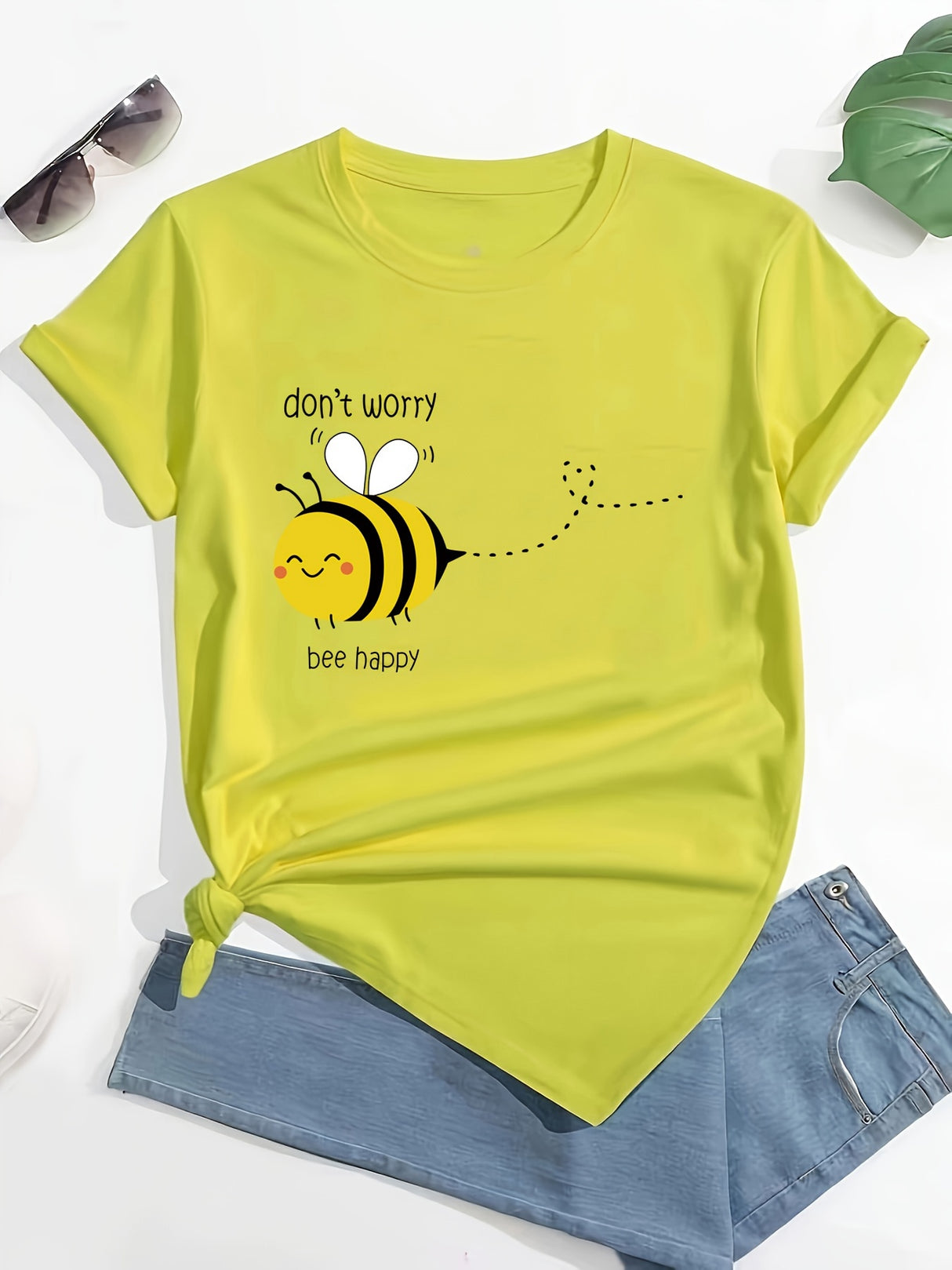 Cute Bee Print T-shirt, Casual Crew Neck Short Sleeve T-shirt, Women's Clothing