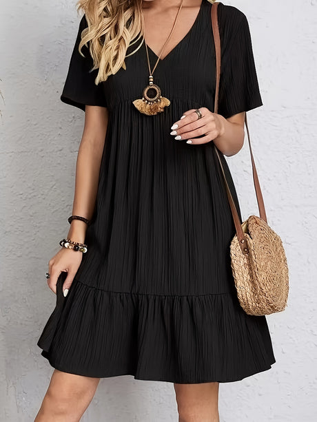 Elegant Solid Color V Neck Dress with Ruffle Hem – Women's Clothing for Spring & Summer