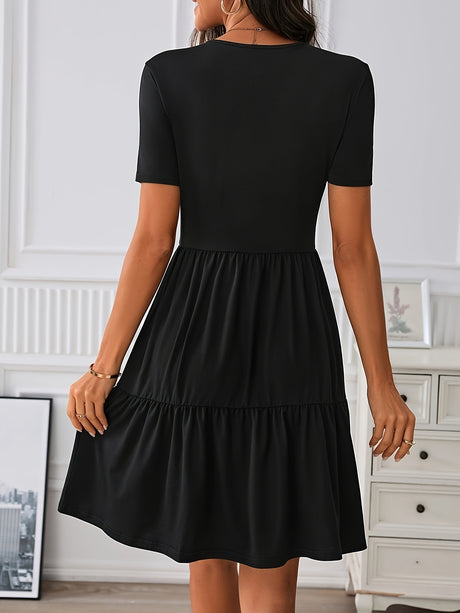 Solid Ruffle Hem Dress, Elegant Crew Neck Short Sleeve Dress for Women's Clothing