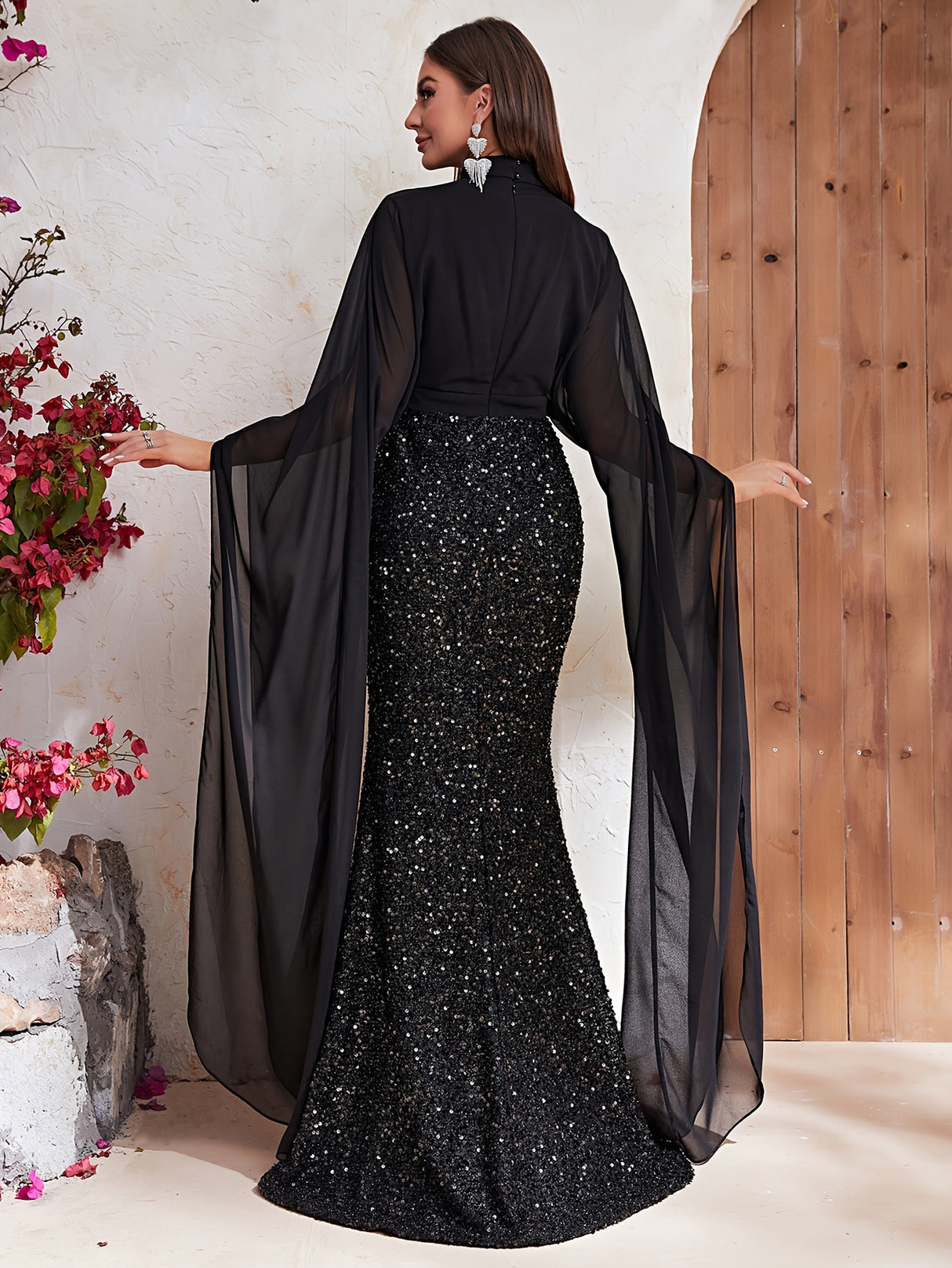 Mesh Cape Sleeve Mermaid Dress