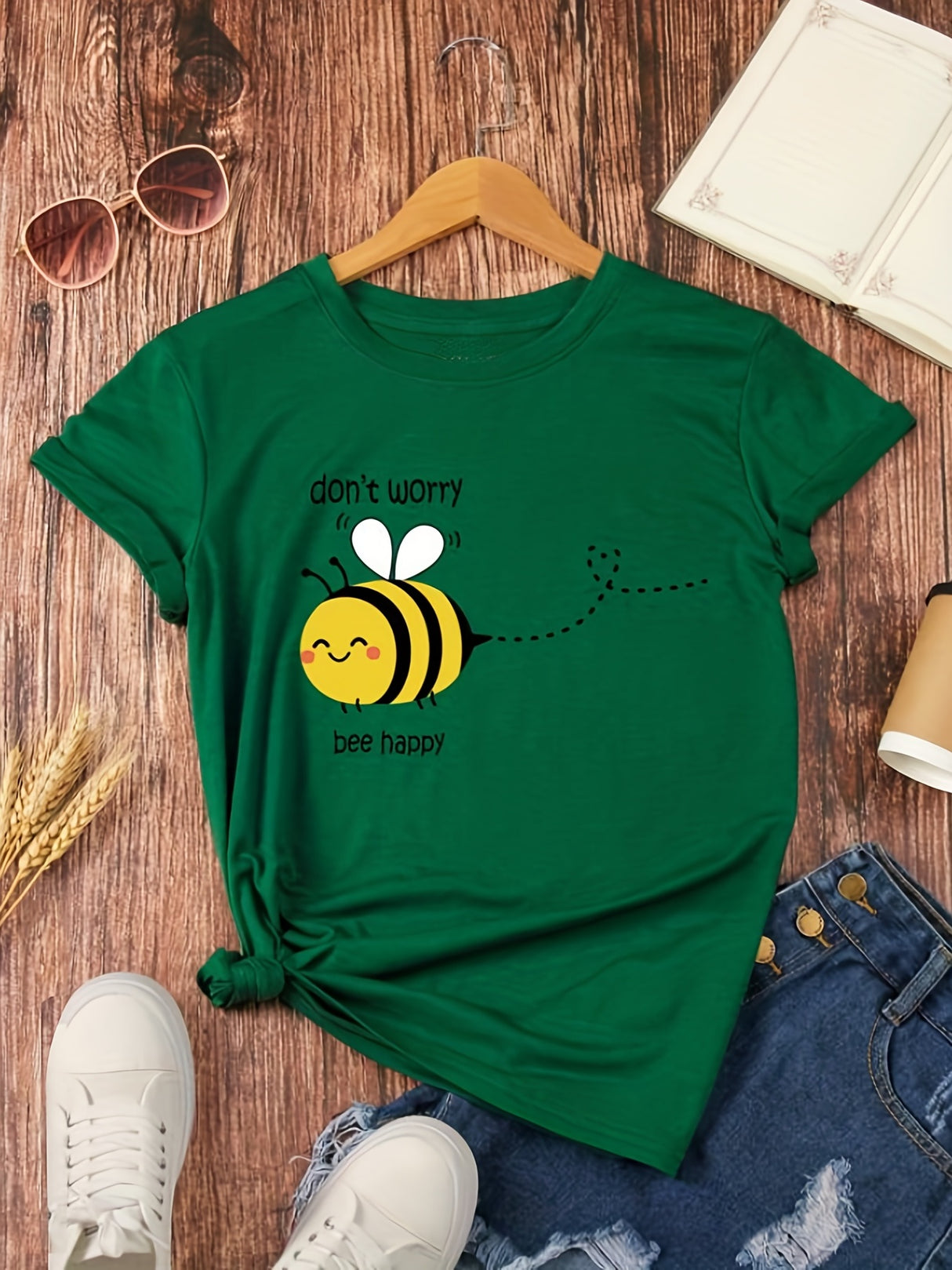 Cute Bee Print T-shirt, Casual Crew Neck Short Sleeve T-shirt, Women's Clothing