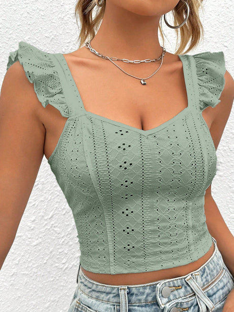 Eyelet Embroidery Ruffle Trim Crop Top - Mint Green - Picksentials