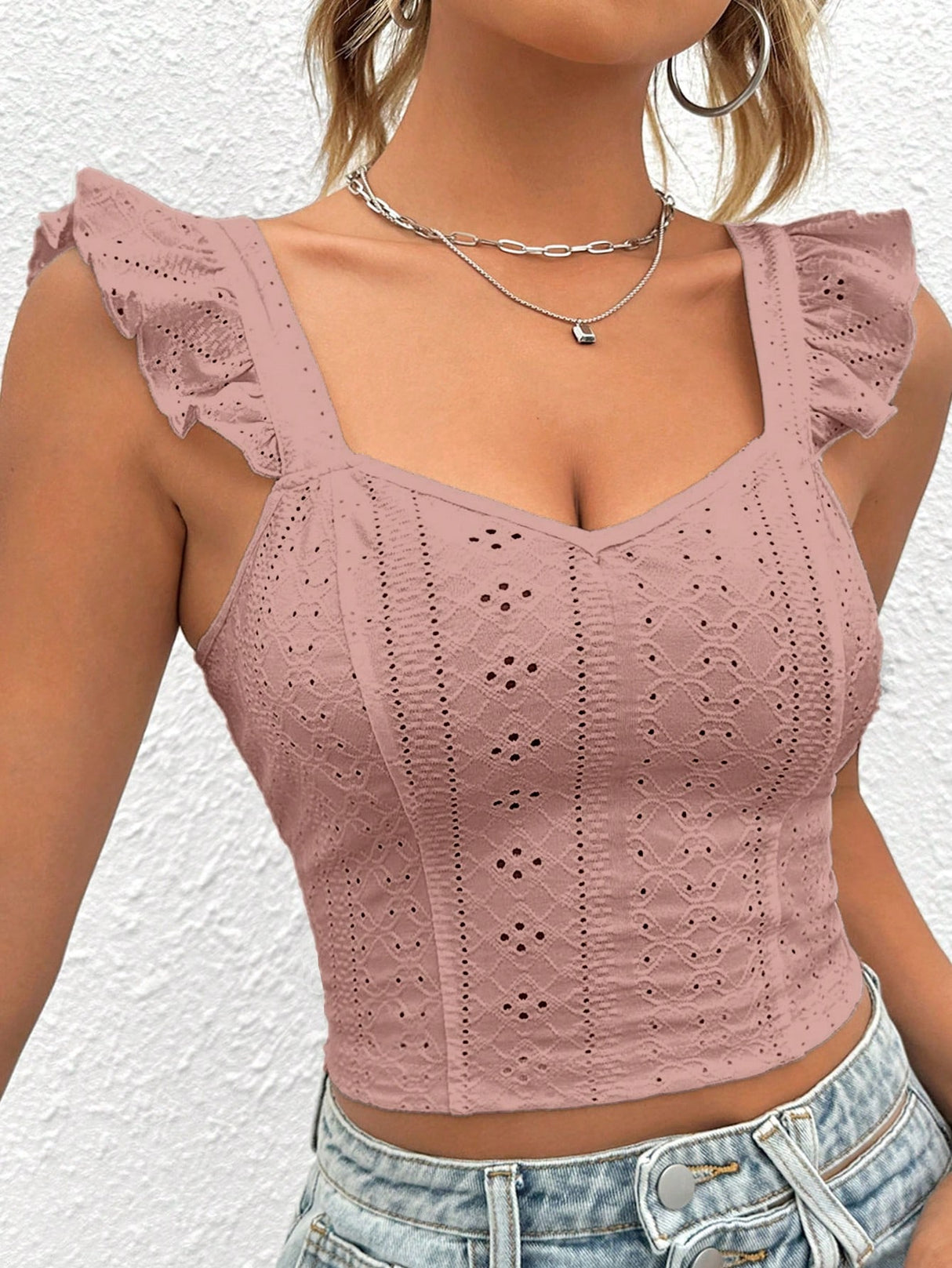 Eyelet Embroidery Ruffle Trim Crop Top - Mint Green - Picksentials