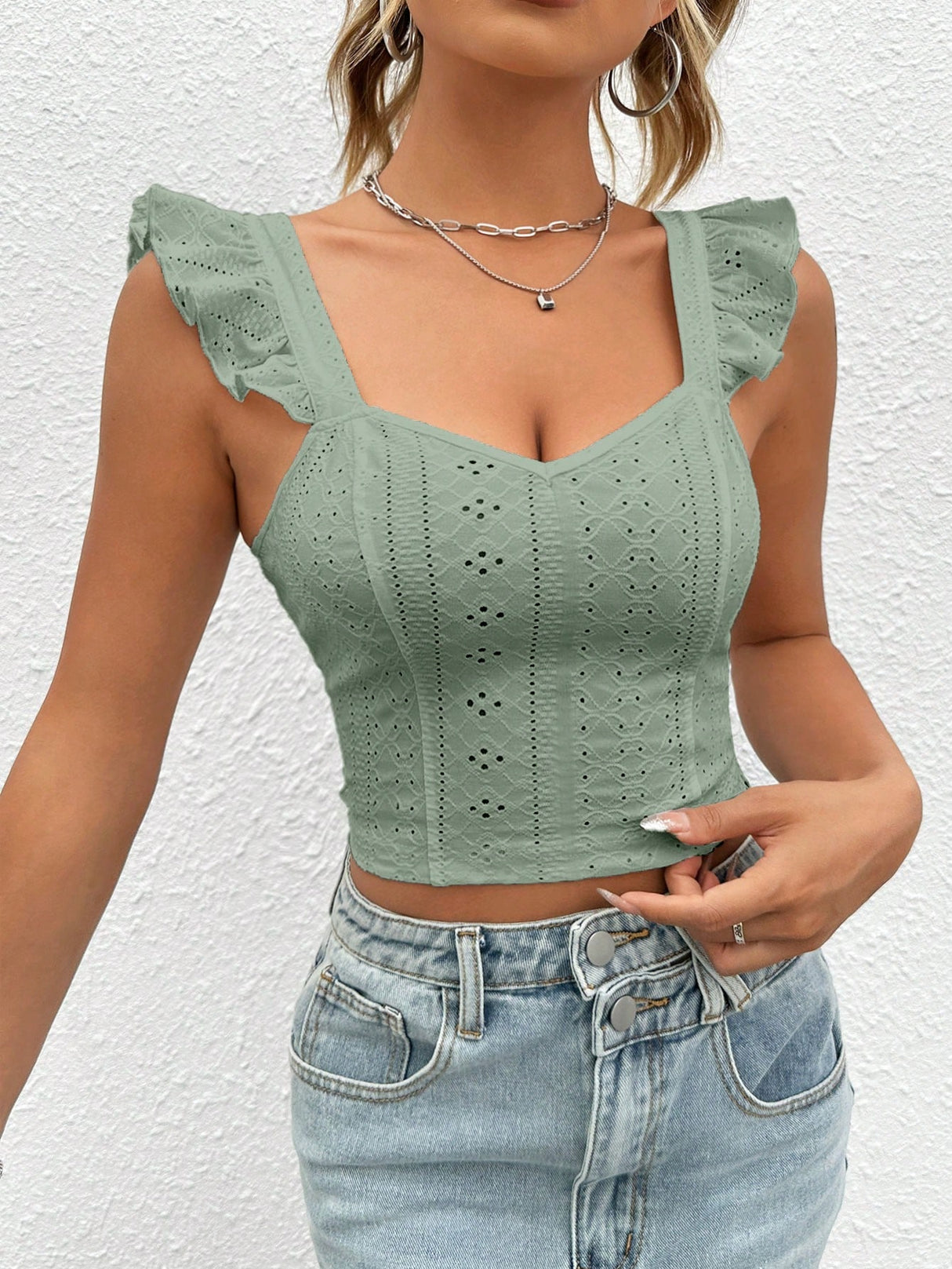 Eyelet Embroidery Ruffle Trim Crop Top - Mint Green - Picksentials