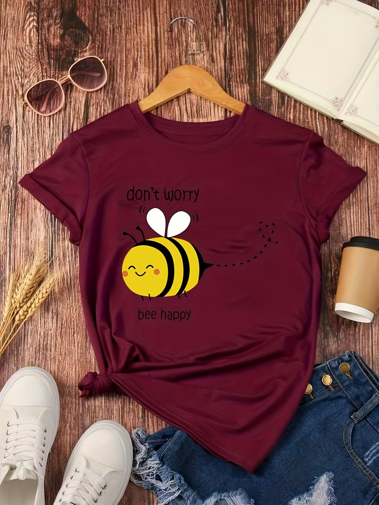 Cute Bee Print T-shirt, Casual Crew Neck Short Sleeve T-shirt, Women's Clothing
