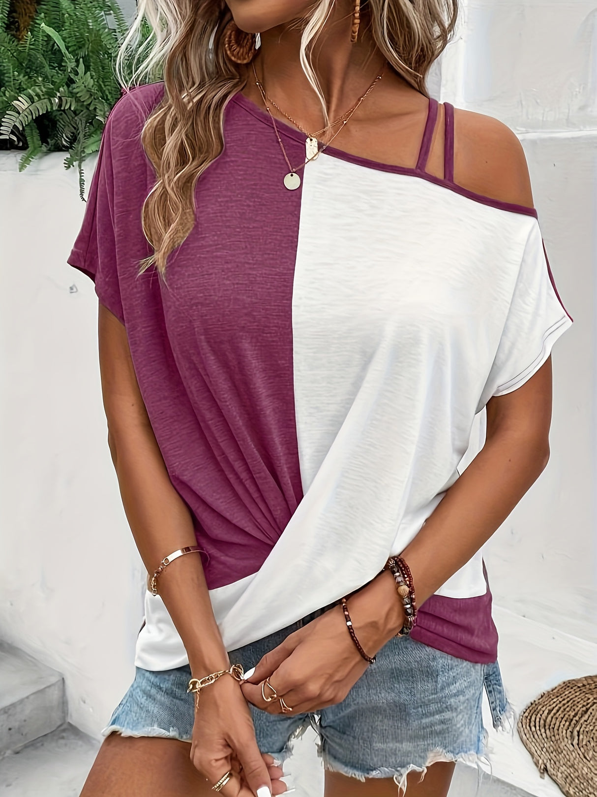 Color Block One Shoulder T-shirt, Elegant Short Sleeve Top For Spring & Summer, Women's Clothing