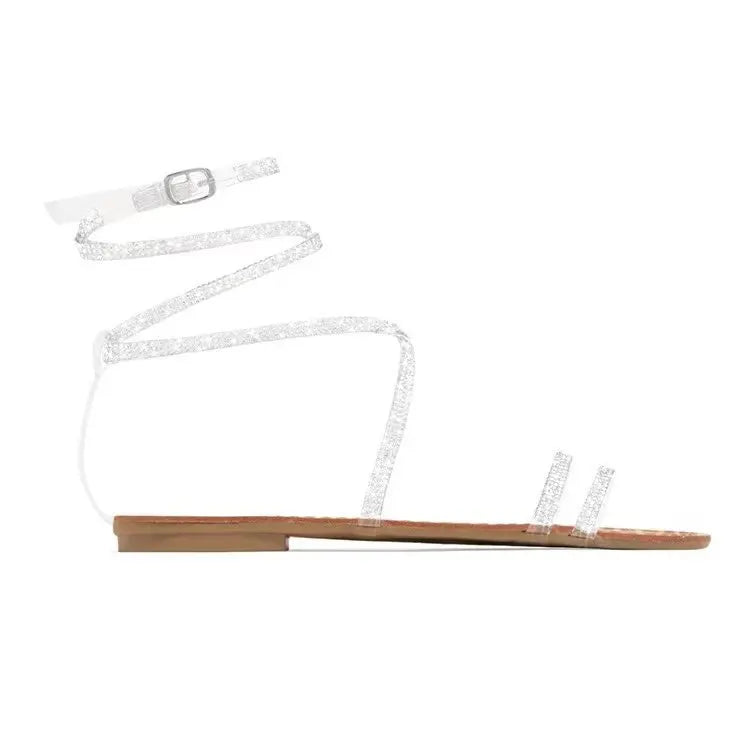 Flat sandals with large size winding belt rhinestones - Picksentials
