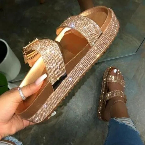 Rhinestone Flat Summer Beach Sandals - Picksentials