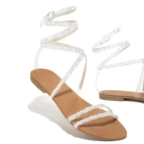 Flat sandals with large size winding belt rhinestones - Picksentials