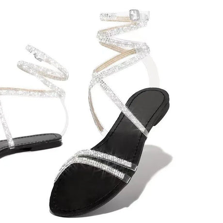 Flat sandals with large size winding belt rhinestones - Picksentials