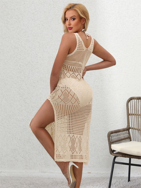 Solid Color Elegant Cover Up Dress, Round Neck Geometric Pattern Hollow Out Split Beach Dress Without Bikini, Women's Swimwear & Clothing