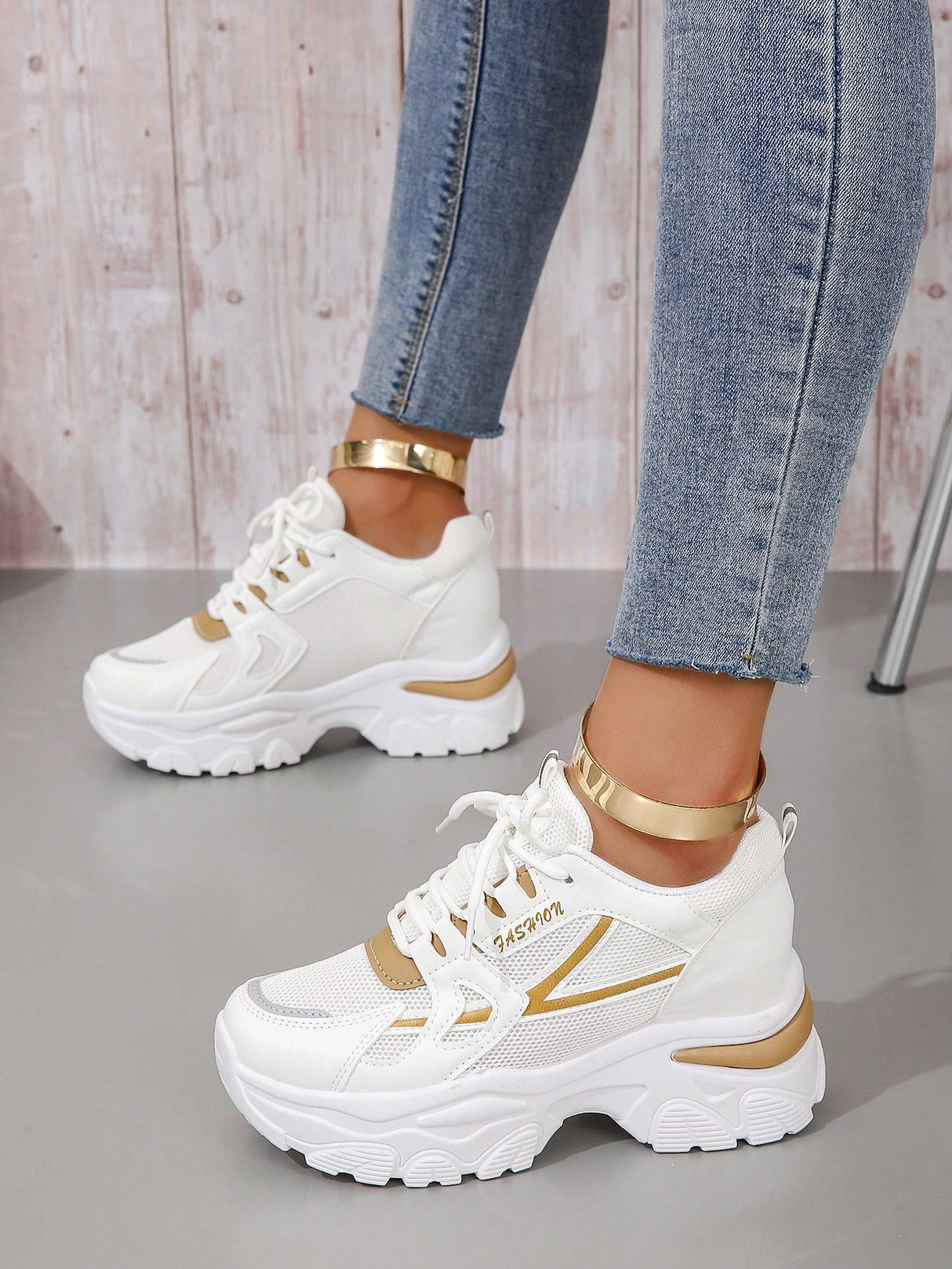 Letter Patch Lace-Up Wedge Sneakers - Picksentials