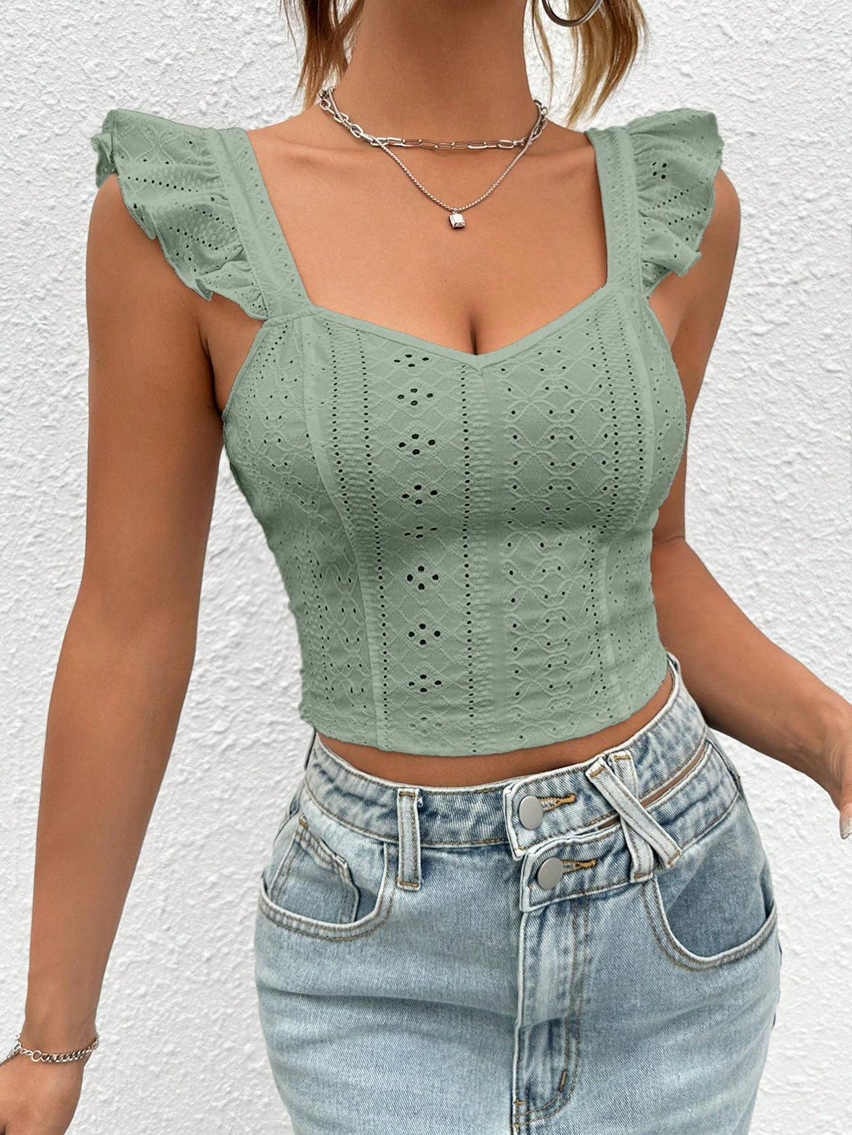 Eyelet Embroidery Ruffle Trim Crop Top - Mint Green - Picksentials