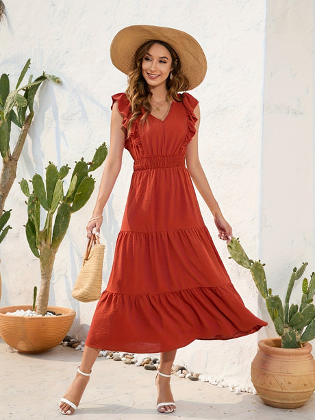 Solid V Neck Dress