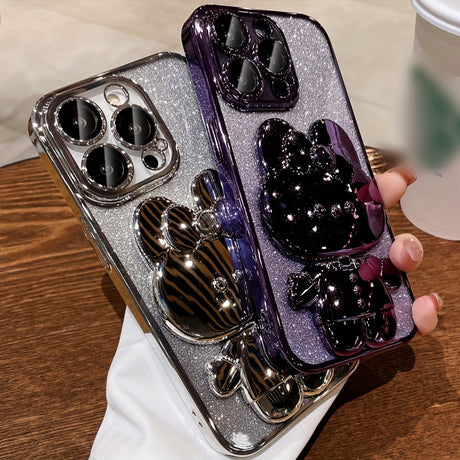 Deluxe Electroplated Phone Case, Invisible Makeup Mirror, Cute Rabbit Phone Holder And Hidden Bracket Shockproof Ultra-thin Protection Suitable For IPhone 11/12/13/14/15 Pro Max