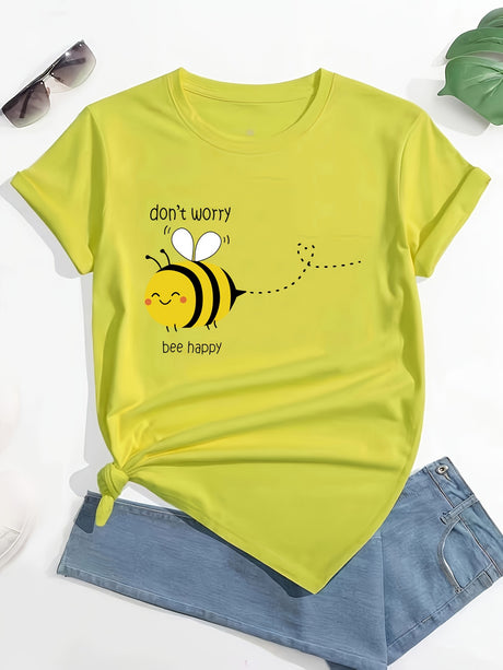 Cute Bee Print T-shirt, Casual Crew Neck Short Sleeve T-shirt, Women's Clothing