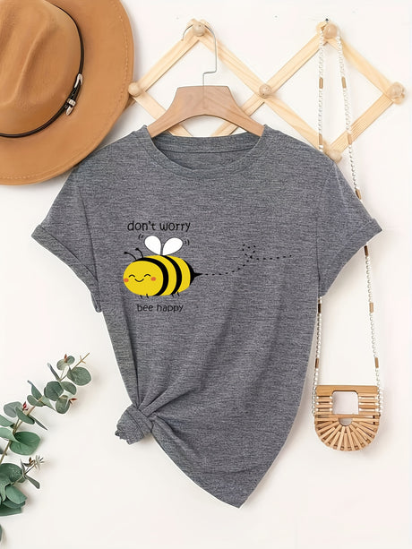 Cute Bee Print T-shirt, Casual Crew Neck Short Sleeve T-shirt, Women's Clothing