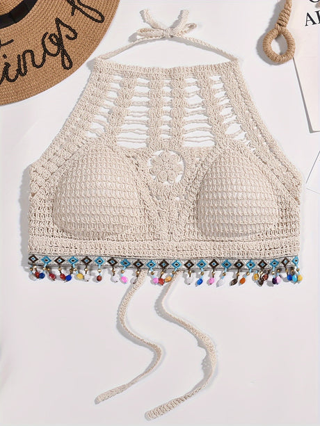 White Beads Fringe Trim Top, Halter Round Neck Semi-Sheer Tie Back Backless Cropped Beach Top, Boho Style Women's Swimwear & Clothing for carnival